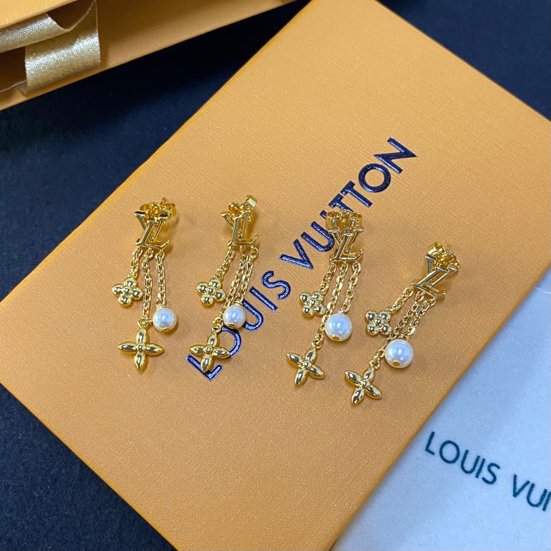 Louis Vuitton Gold Bee and Pearl Dangle Earrings
